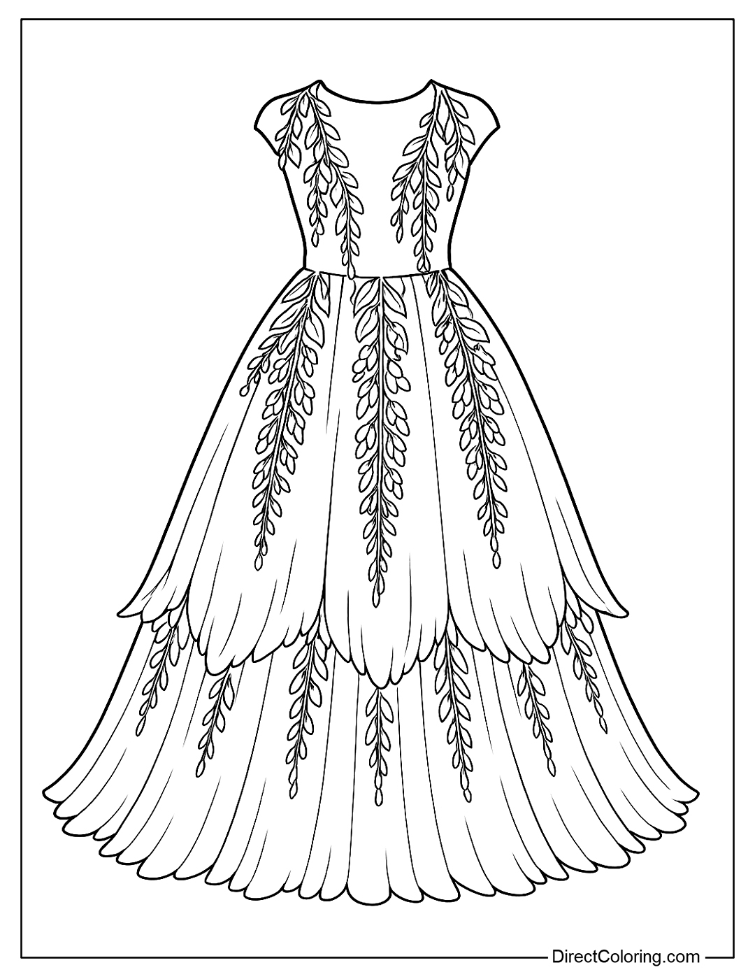 A coloring page for a ball gown that falls like a wisteria cluster, with patterns flowing from the shoulders to the skirt
